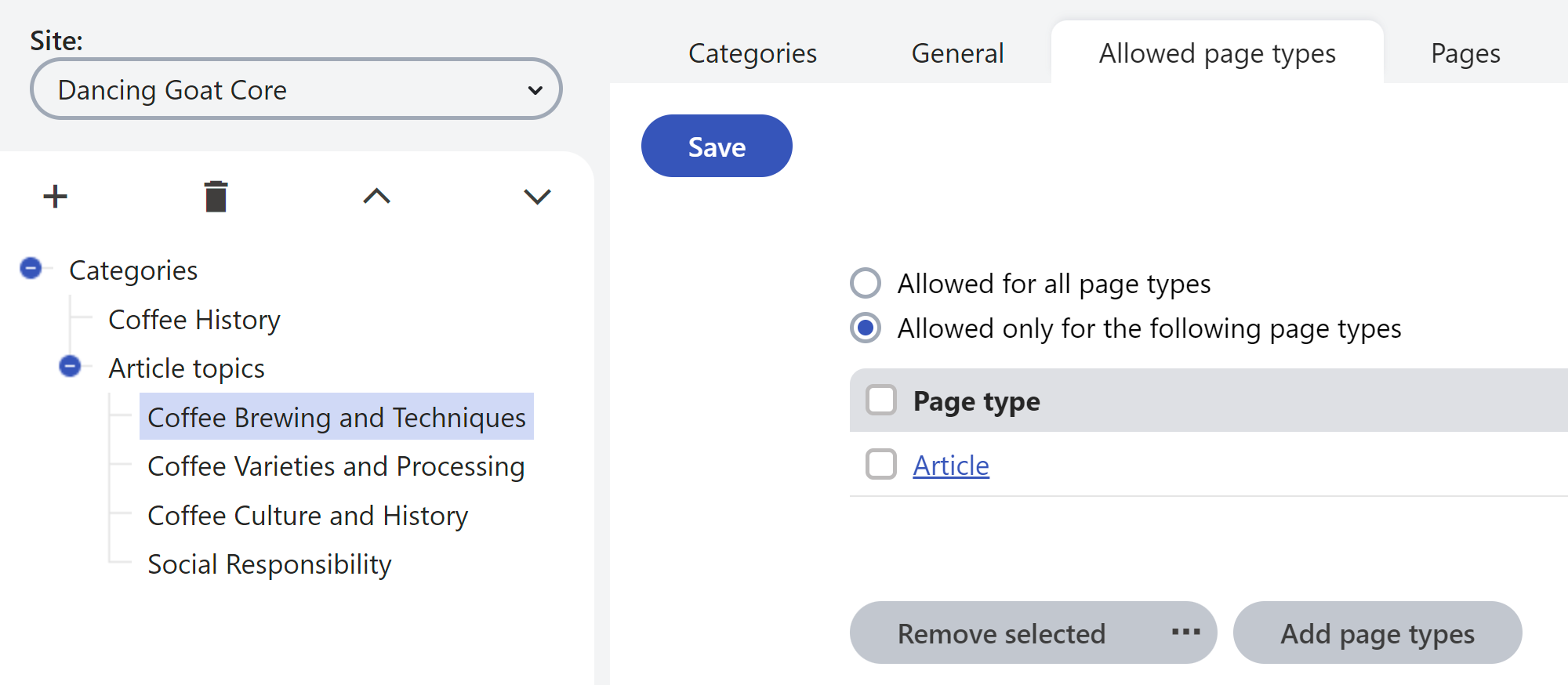 Allowed page types tab