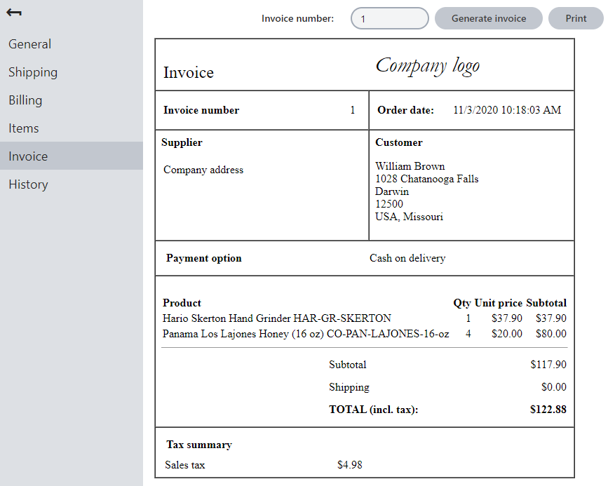 Editing an order - Invoice tab