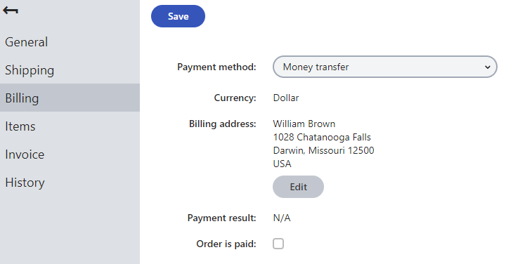 Editing an order - configuring billing-related properties
