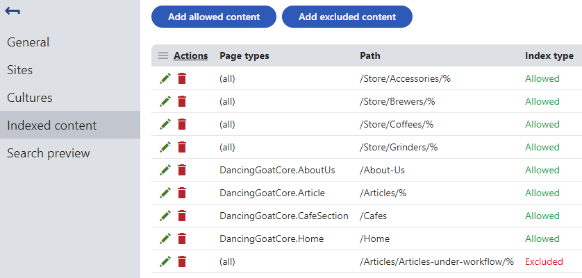Specifying allowed or excluded content for a page index