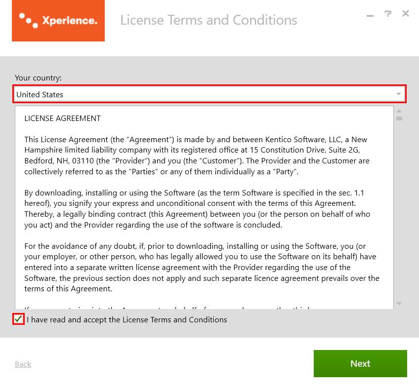 License agreement and country selection