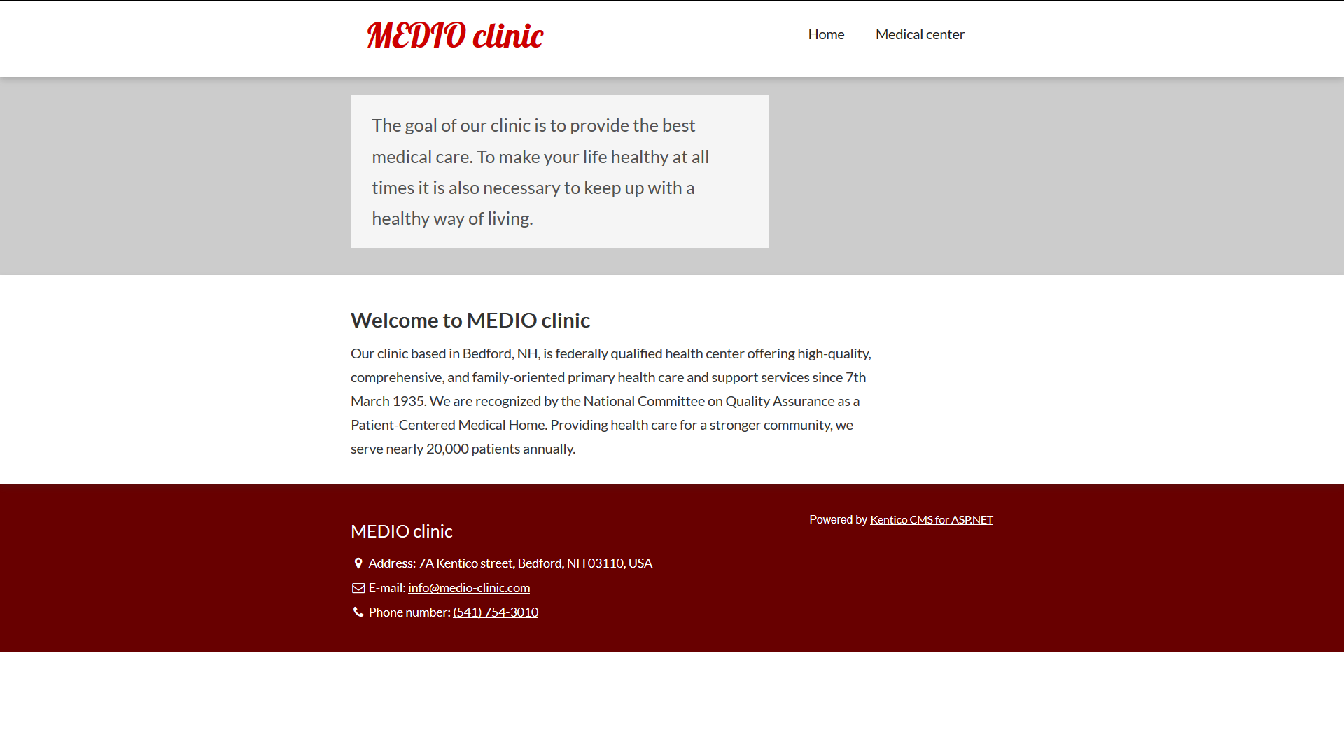 The Medio Clinic’s Home page on the live site