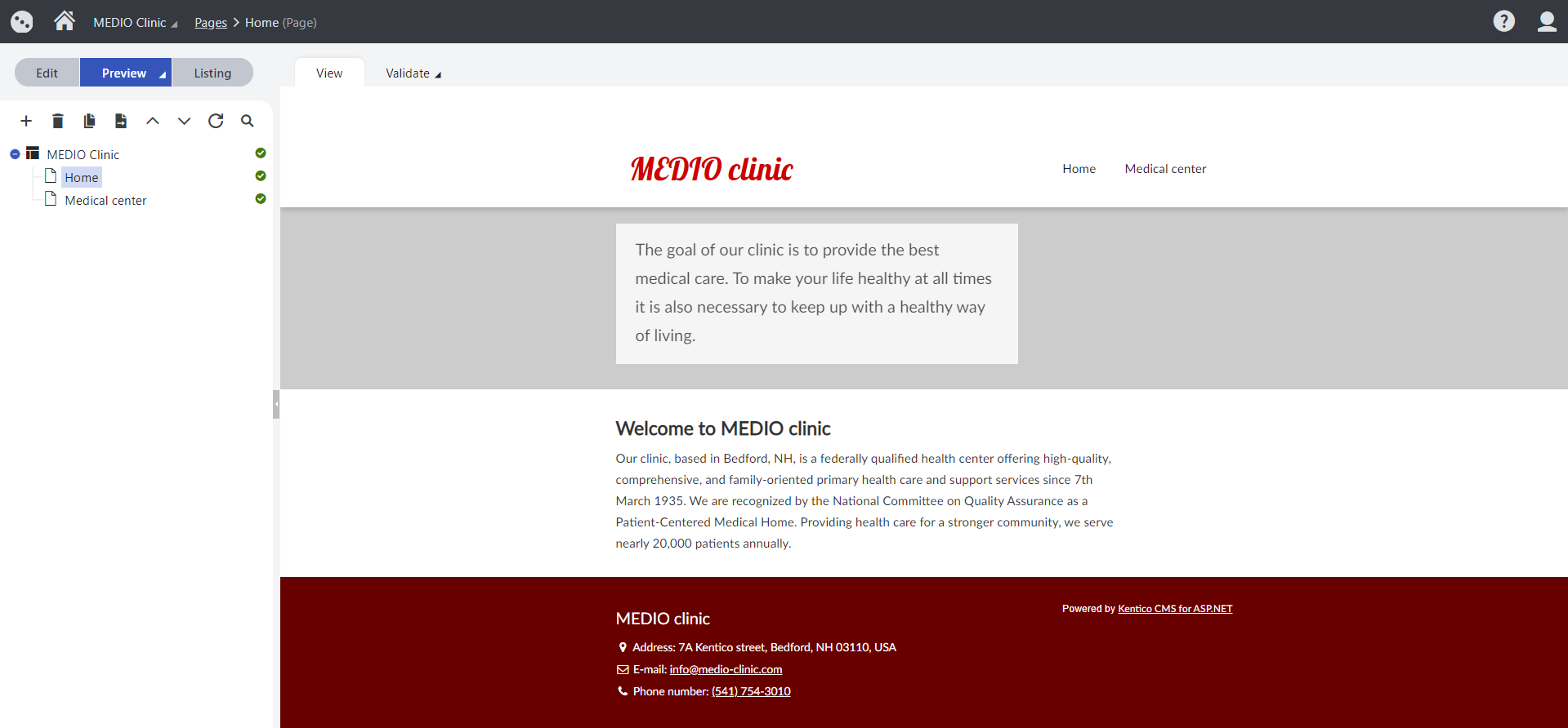 Preview of the Medio Clinic’s Home page in the administration interface