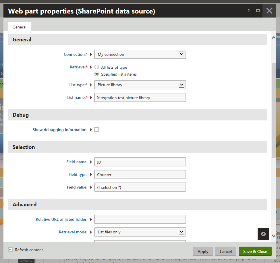 Configuring the SharePoint data source web part