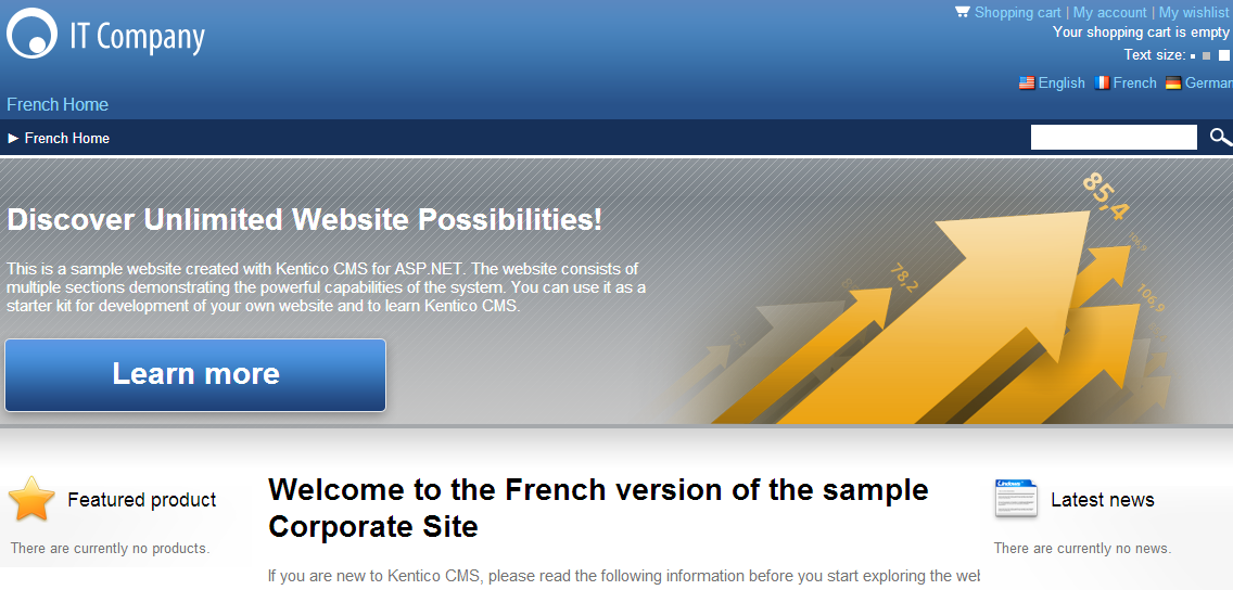 Viewing the French home page on the live site