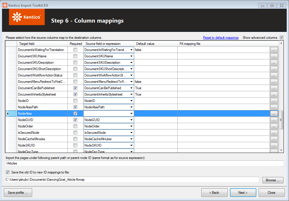 Adjust the column mappings for importing language versions of pages