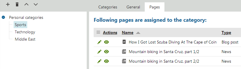 Viewing pages assigned to a personal category