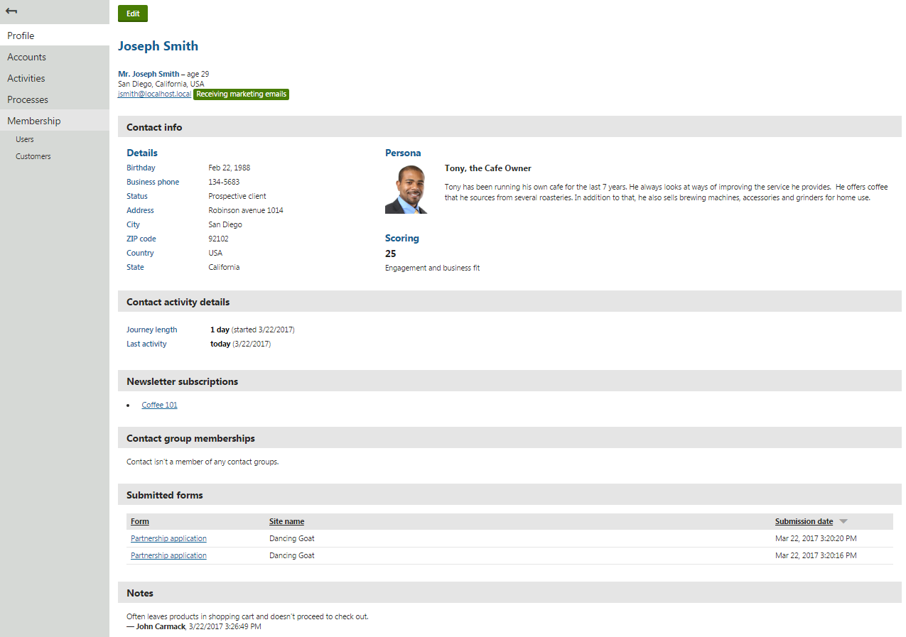 Viewing the contact profile page