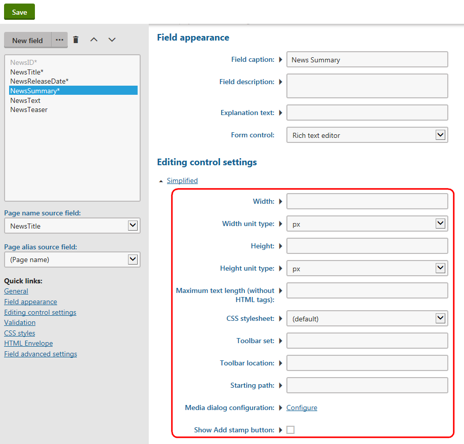 Setting the form control parameter values for a form field