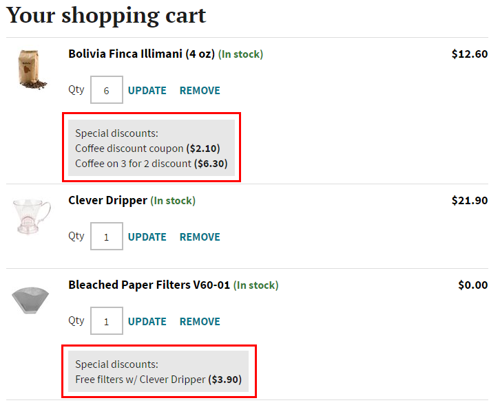 Shopping cart item discounts displayed on a checkout page