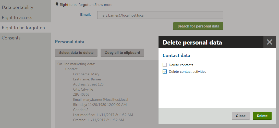 Using the sample eraser to delete contact personal data in the Data protection application