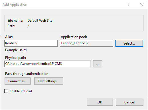 Adding an IIS application for a Kentico web project