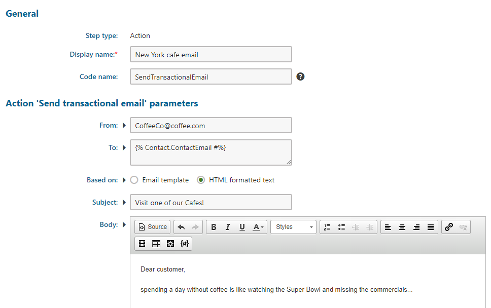 Configuring the Send transactional email step