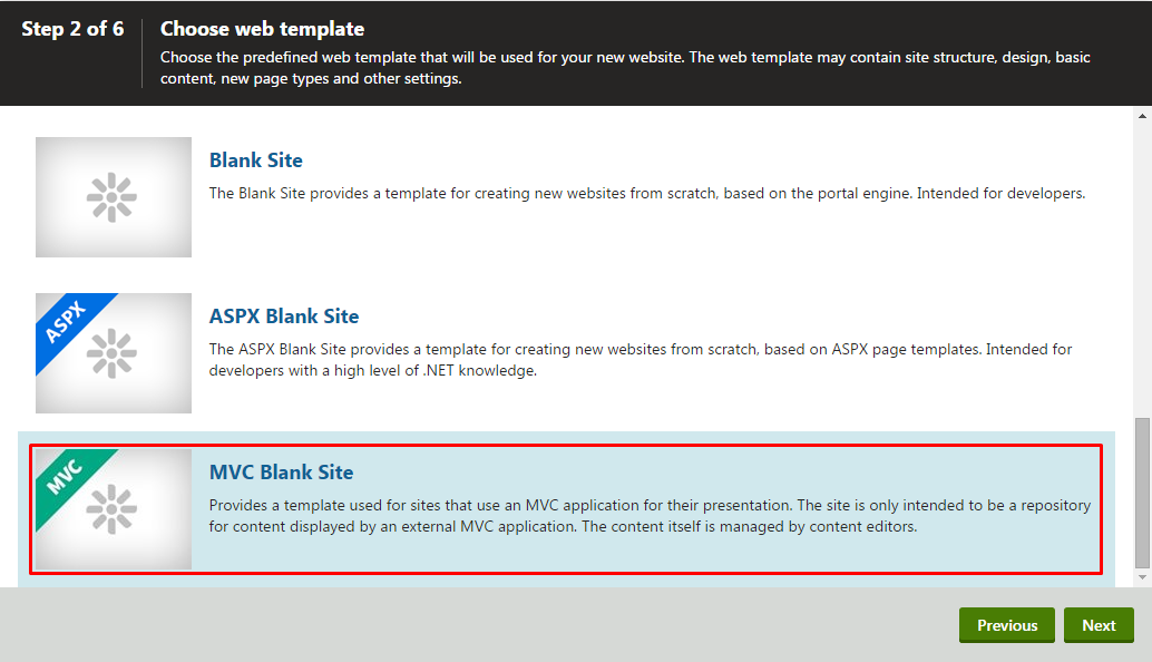 MVC Blank Site template selection