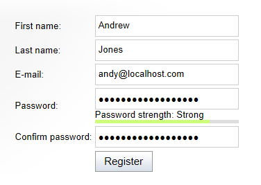 Output of the registration form web part