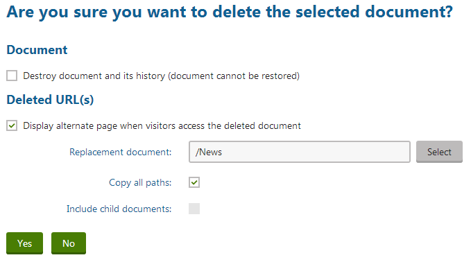Setting a replacement document for a deleted page