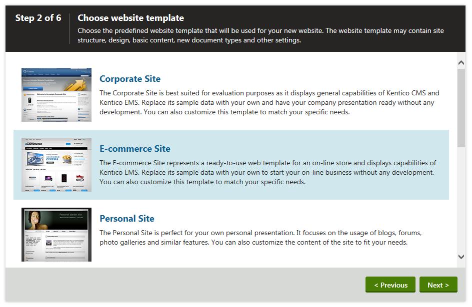 Selecting E-commerce Site from the list of available website templates