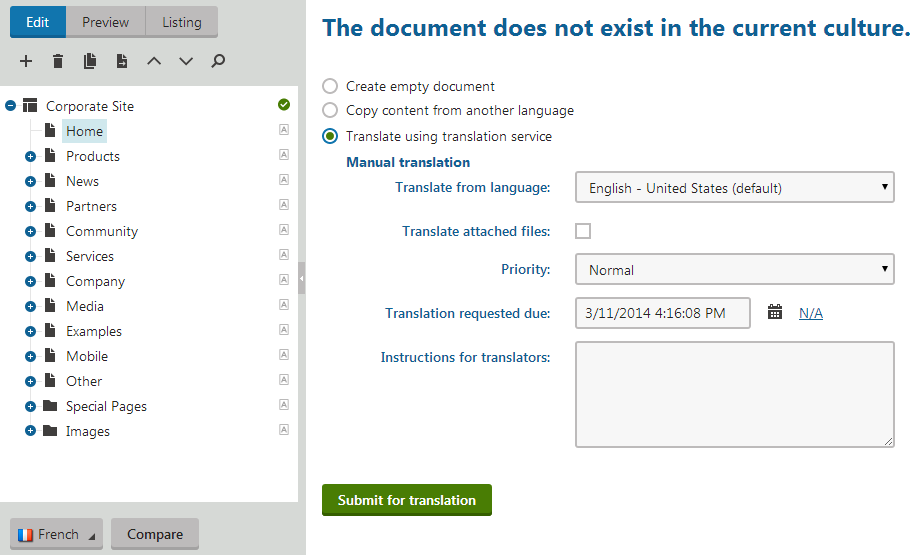 Submitting a new document language version for translation