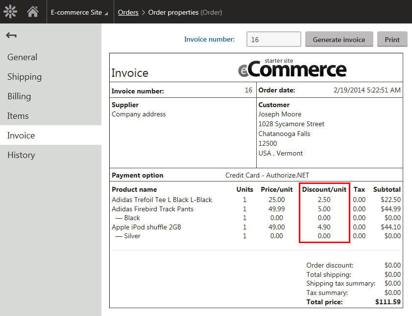Invoice - catalog discount applied on order items