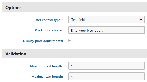 Editing properties available for the Text type option category
