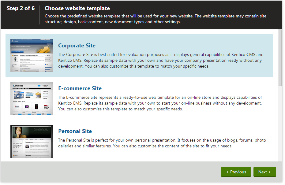 Selecting a web template for the new site
