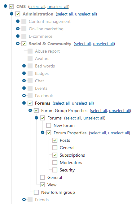 Select these check-boxes to make only the Forums application visible for the given role