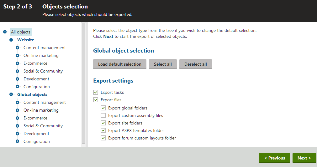 Selecting objects for export