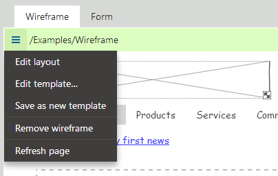 Page template menu on the Wireframe tab