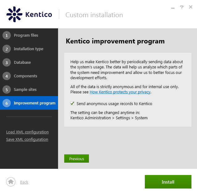 Enabling the Kentico improvement program for the installed instance of Kentico