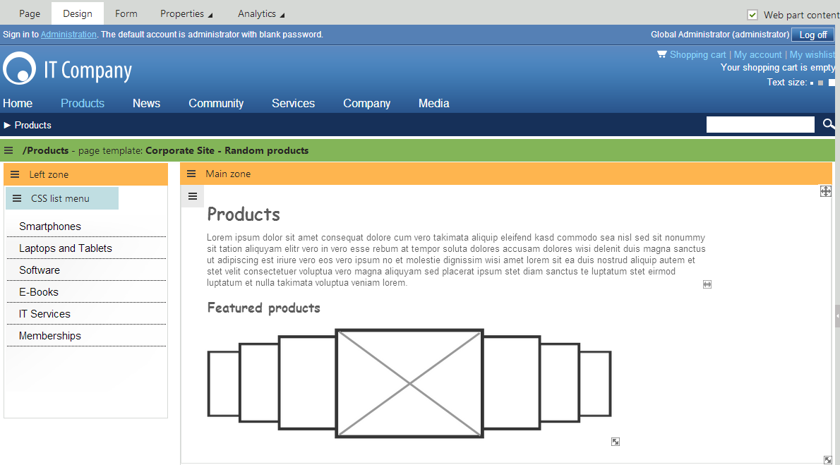 Wireframe area placed inside a standard web part zone on the Design tab