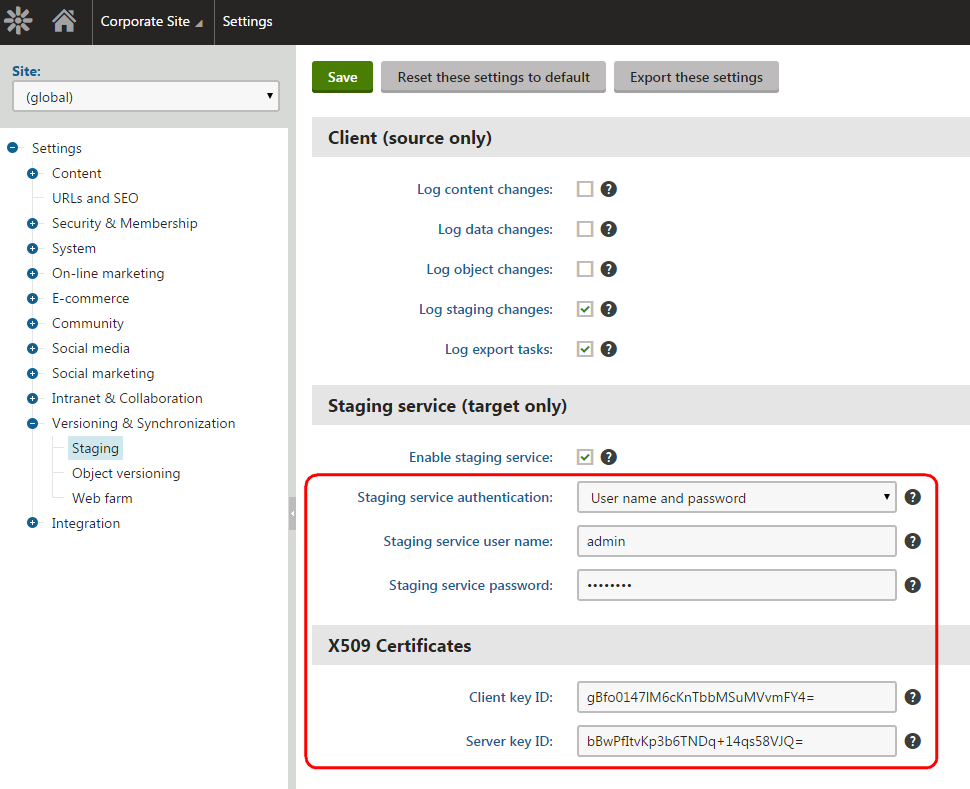 Staging service settings on the target instance