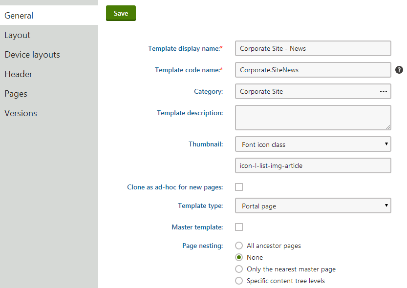 Adjusting the page nesting settings of a page template