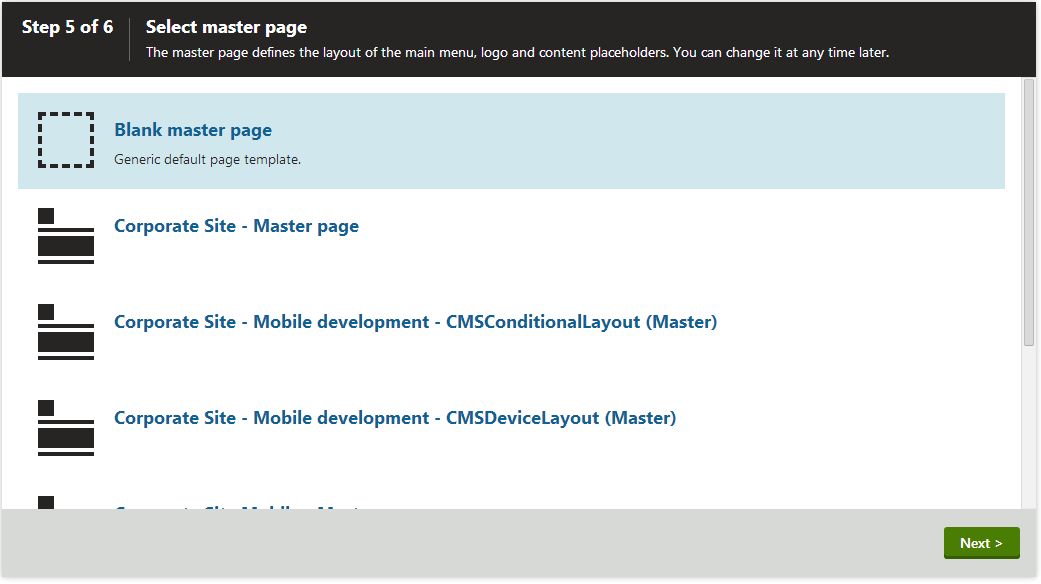 Selecting a master page in the New site wizard