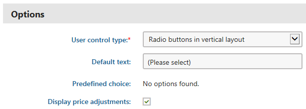 Editing properties available for the Attribute and Products type option categories