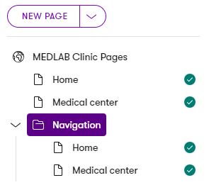 The MEDIO Clinic website’s pages in the content tree