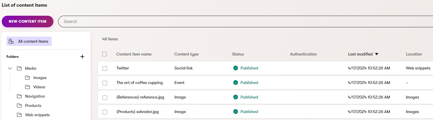 Viewing the content hub with folders
