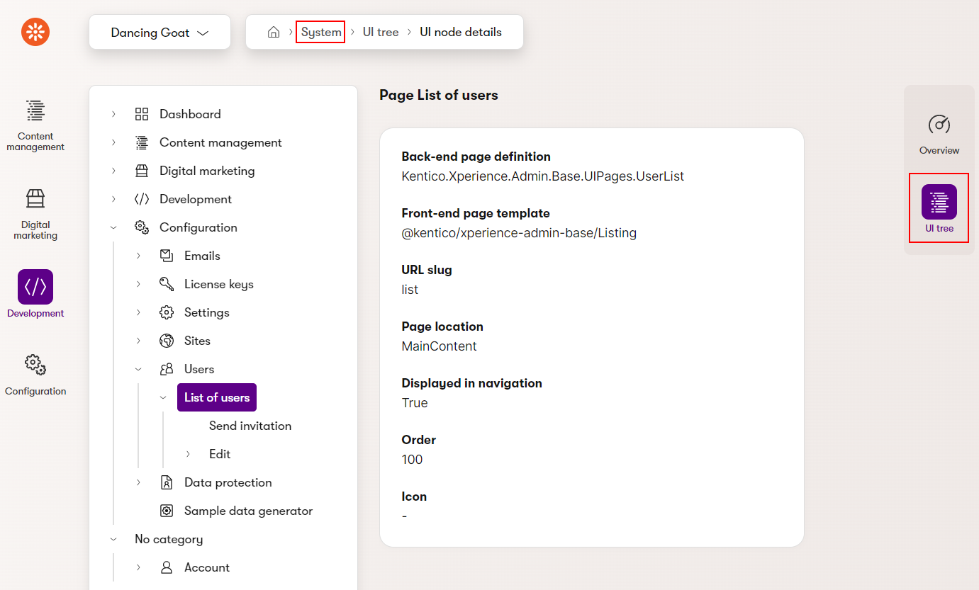 Users listing UI page metadata via the UI tree view